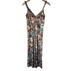 BCBG Paris Tropical Flowers Leaves Twisted Straps Smocked Waist Maxi Dress XS